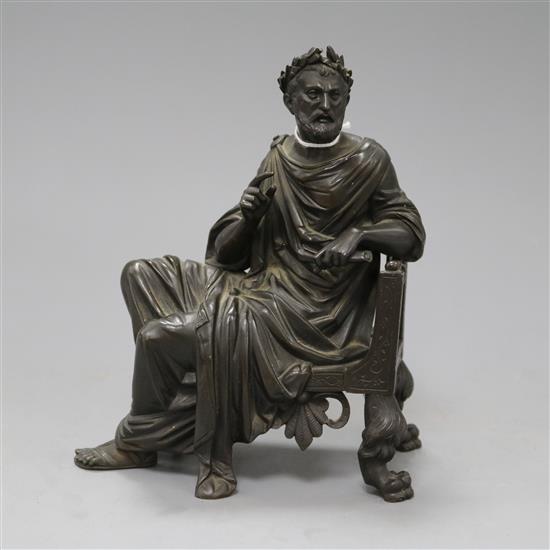 A French 19th century bronze figure of a seated classical scholar, H 20.5cm W 17cm